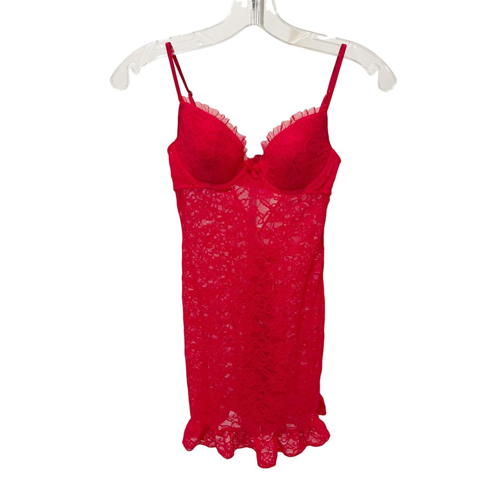Victorias Secret The Lacie Red Lace Babydoll Chemise Ruffle Bustle Size Small